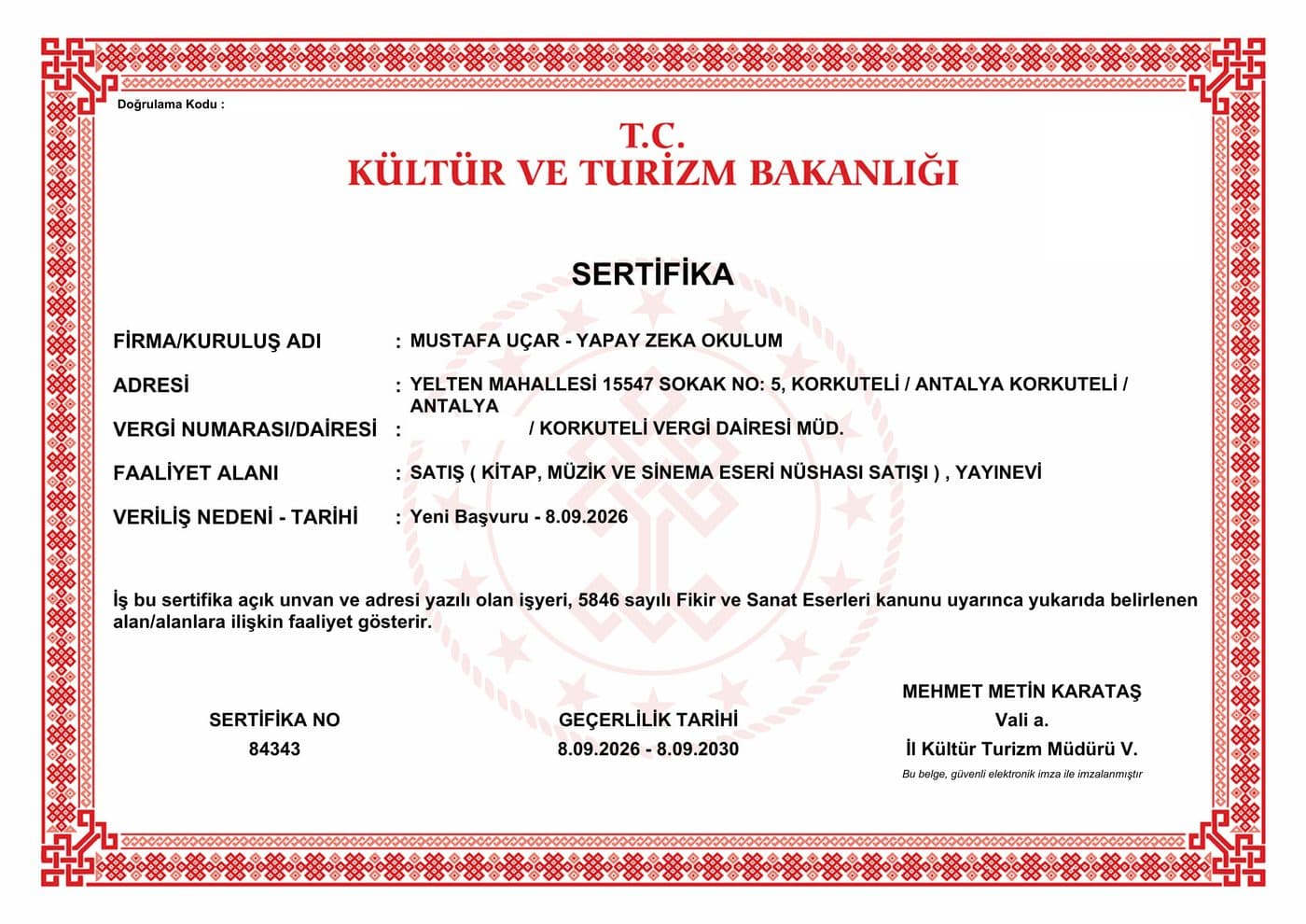 Kültür ve Turizm Bakanlığı yayınevi sertifikası, No 84343