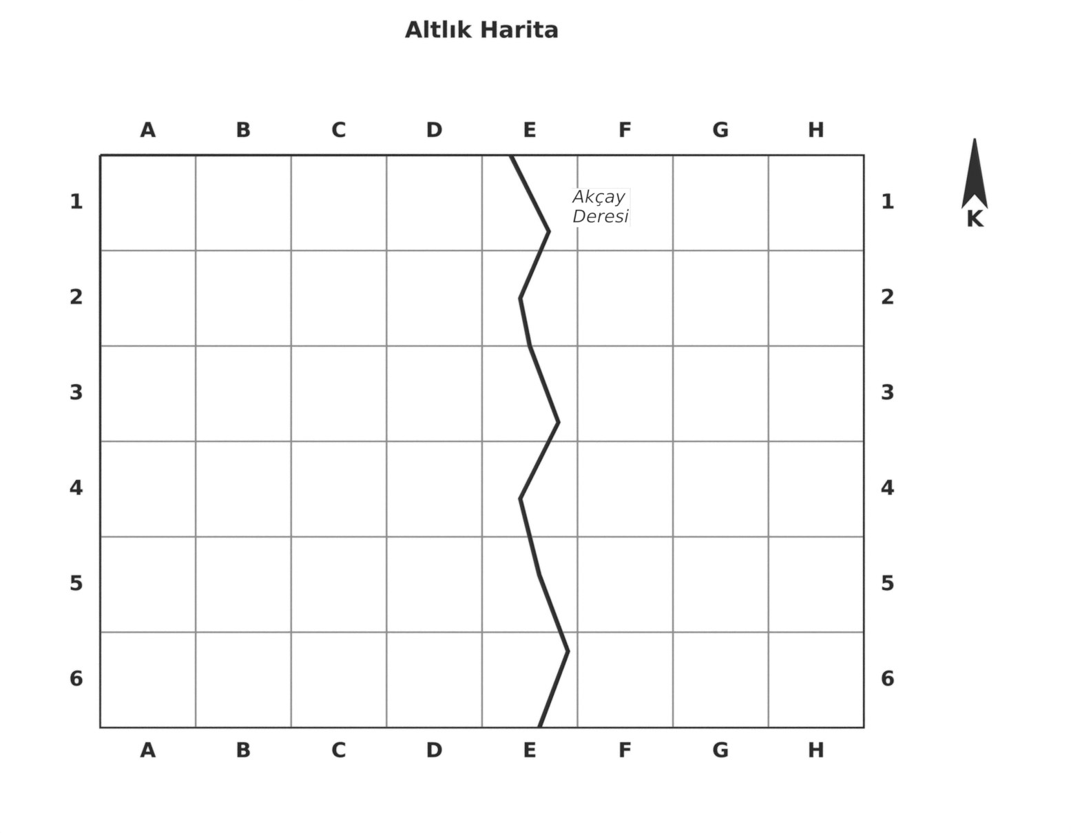 Kareli altlık harita: A-H sütunları, 1-6 sıraları, yön oku ve Akçay Deresi